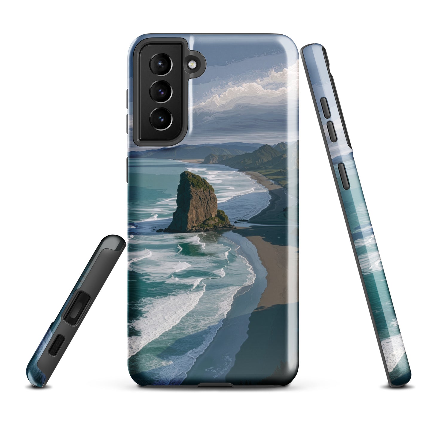 Piha Beach Lion Rock designer phone case with turquoise waves and dramatic NZ coastline