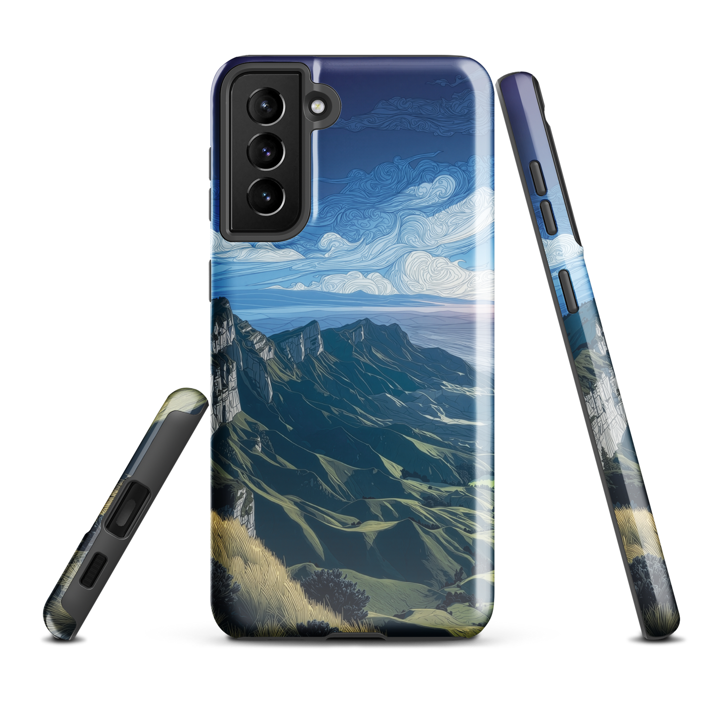 Te Mata Peak designer phone case with Hawke’s Bay cliffs, rolling green hills and dramatic swirling sky