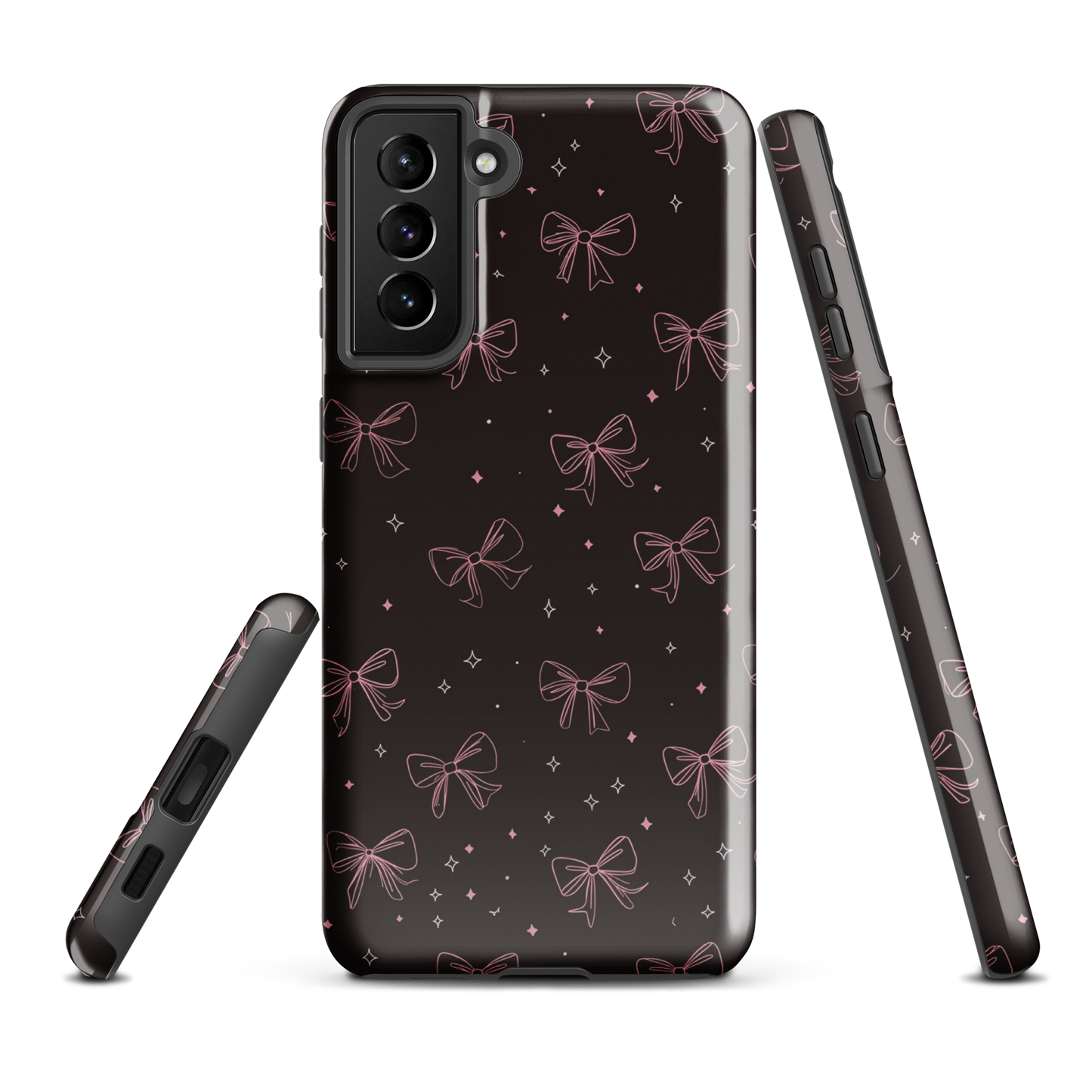 Midnight Bow seamless repeat pattern — pink hand-drawn ribbon bows and sparkle stars on a black background