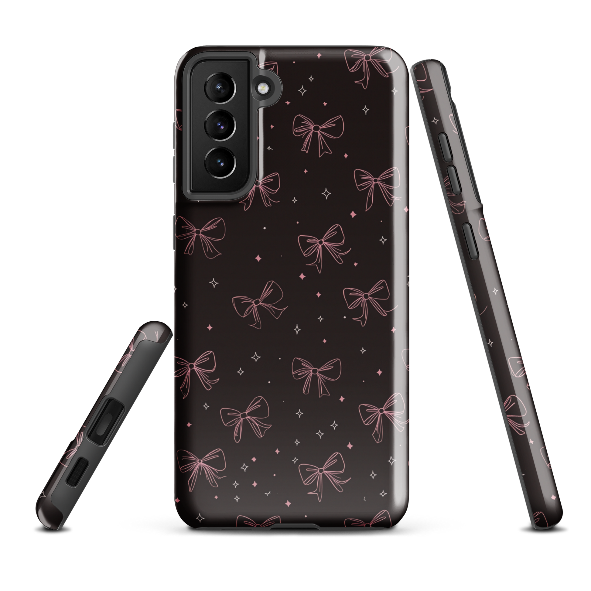 Midnight Bow seamless repeat pattern — pink hand-drawn ribbon bows and sparkle stars on a black background