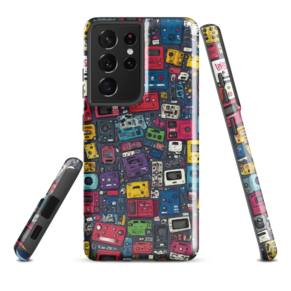 'Arcade' Samsung case, featuring a vibrant collage of hand-drawn controllers in bold, vintage-inspired colours. From electric blue and hot pink to classic black and yellow