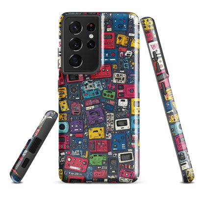 'Arcade' Samsung case, featuring a vibrant collage of hand-drawn controllers in bold, vintage-inspired colours. From electric blue and hot pink to classic black and yellow