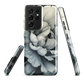 Black and white floral phone case featuring a soft, moody peony design by New Zealand artist Ben Hart.