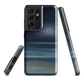 Dark abstract phone case with blue and grey streaks and glossy finish.