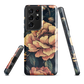 Phone case with vintage-style pink roses and bees on dark background, floral New Zealand artwork.