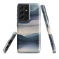 Phone case with moody blue and purple layered mountain and lake landscape artwork