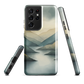 Phone case with soft mountain and valley design in misty green, blue, and golden tones