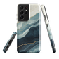 An elegant abstract phone case inspired by layered coastal forms in blue and teal tones.