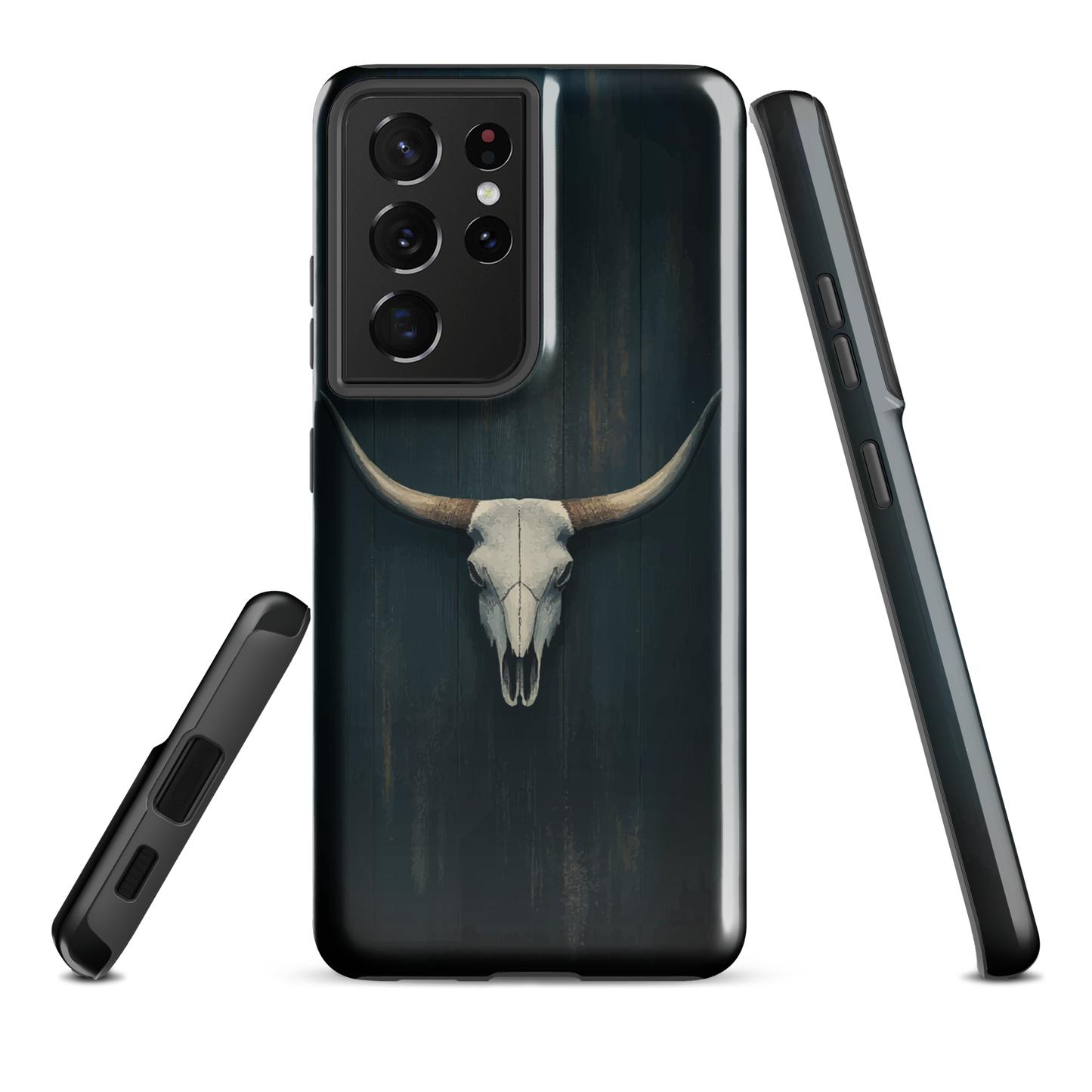 Longhorn skull set against a dark, textured backdrop - protective phone case.