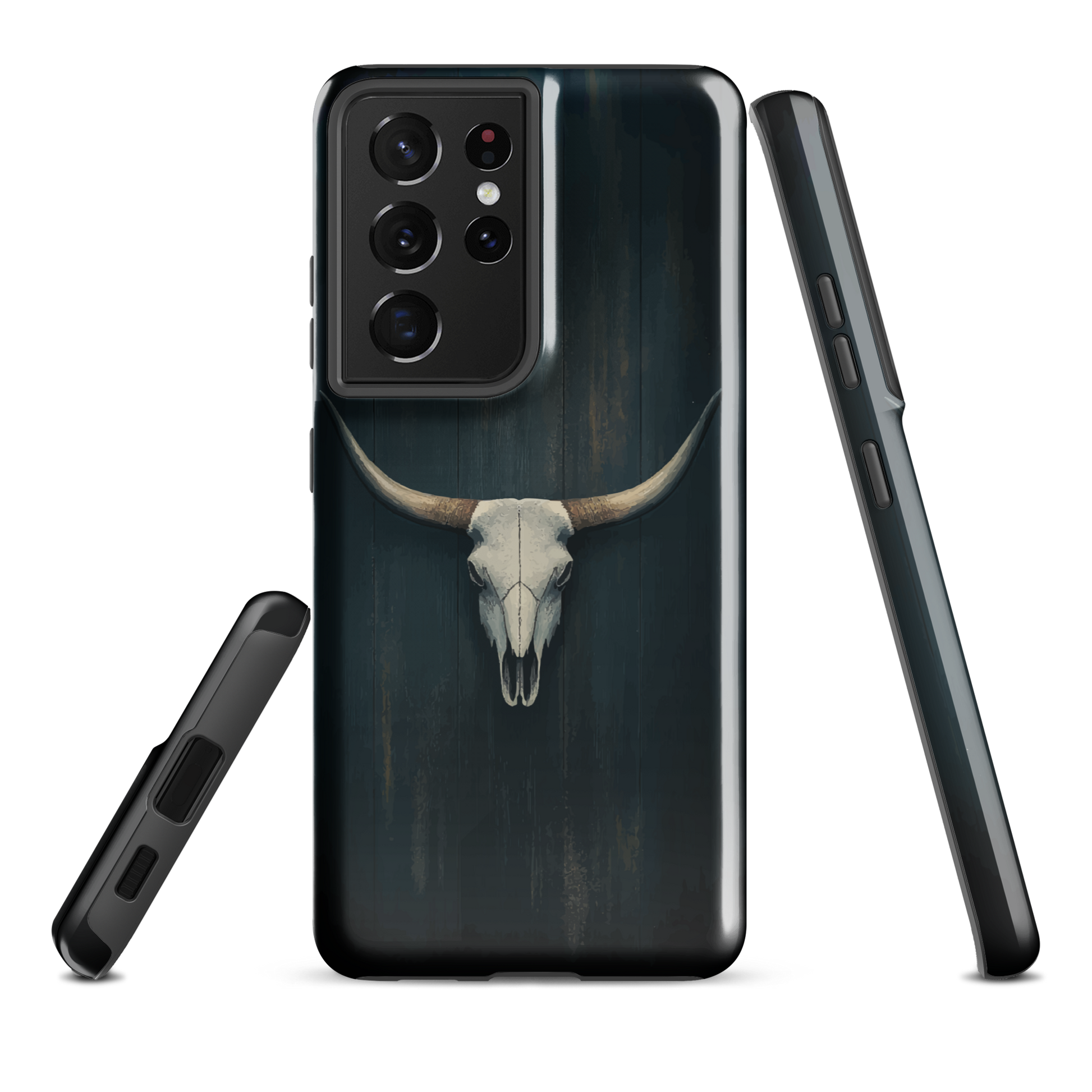 Longhorn skull set against a dark, textured backdrop - protective phone case.
