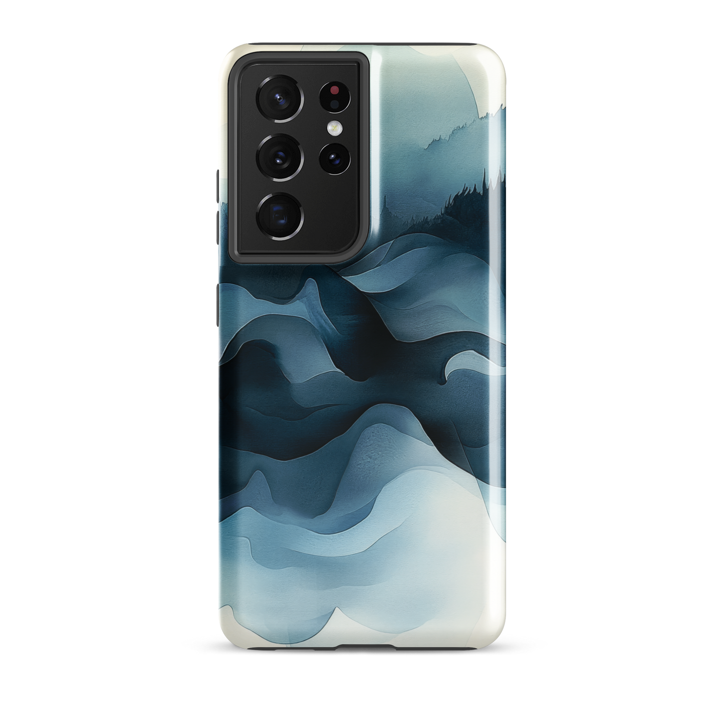 A calming abstract landscape phone case inspired by quiet valleys and soft blue tones.