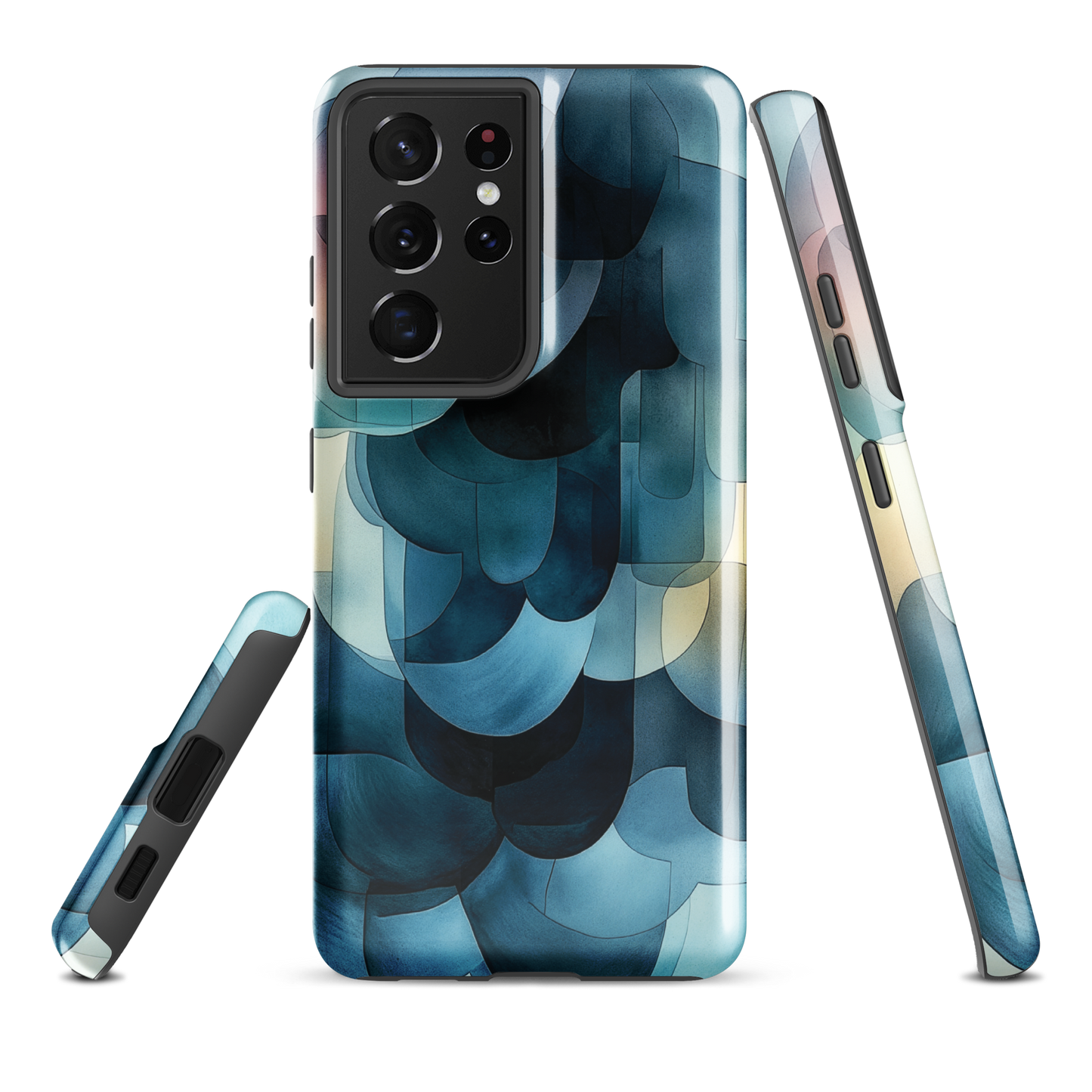A modern abstract phone case featuring layered blue forms and soft flowing shapes.