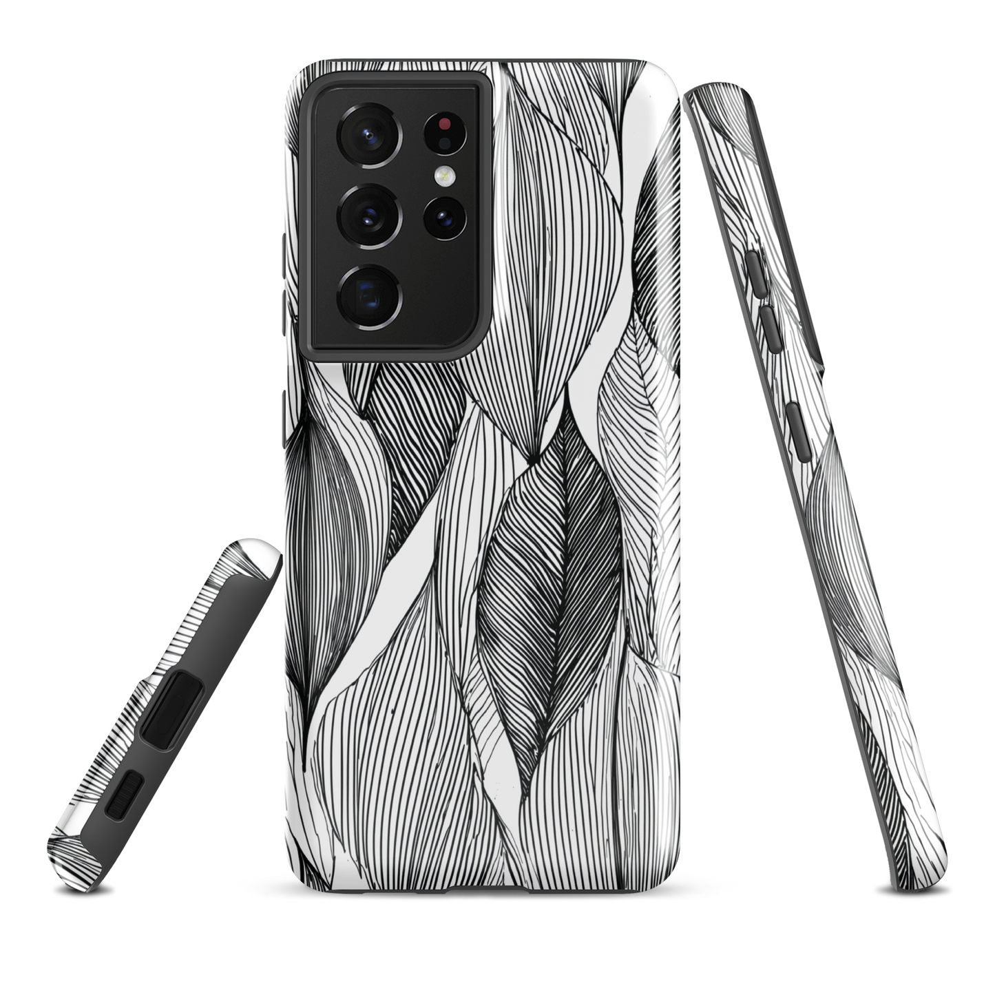 A minimalist phone case featuring fine black botanical linework in a repeating leaf pattern.