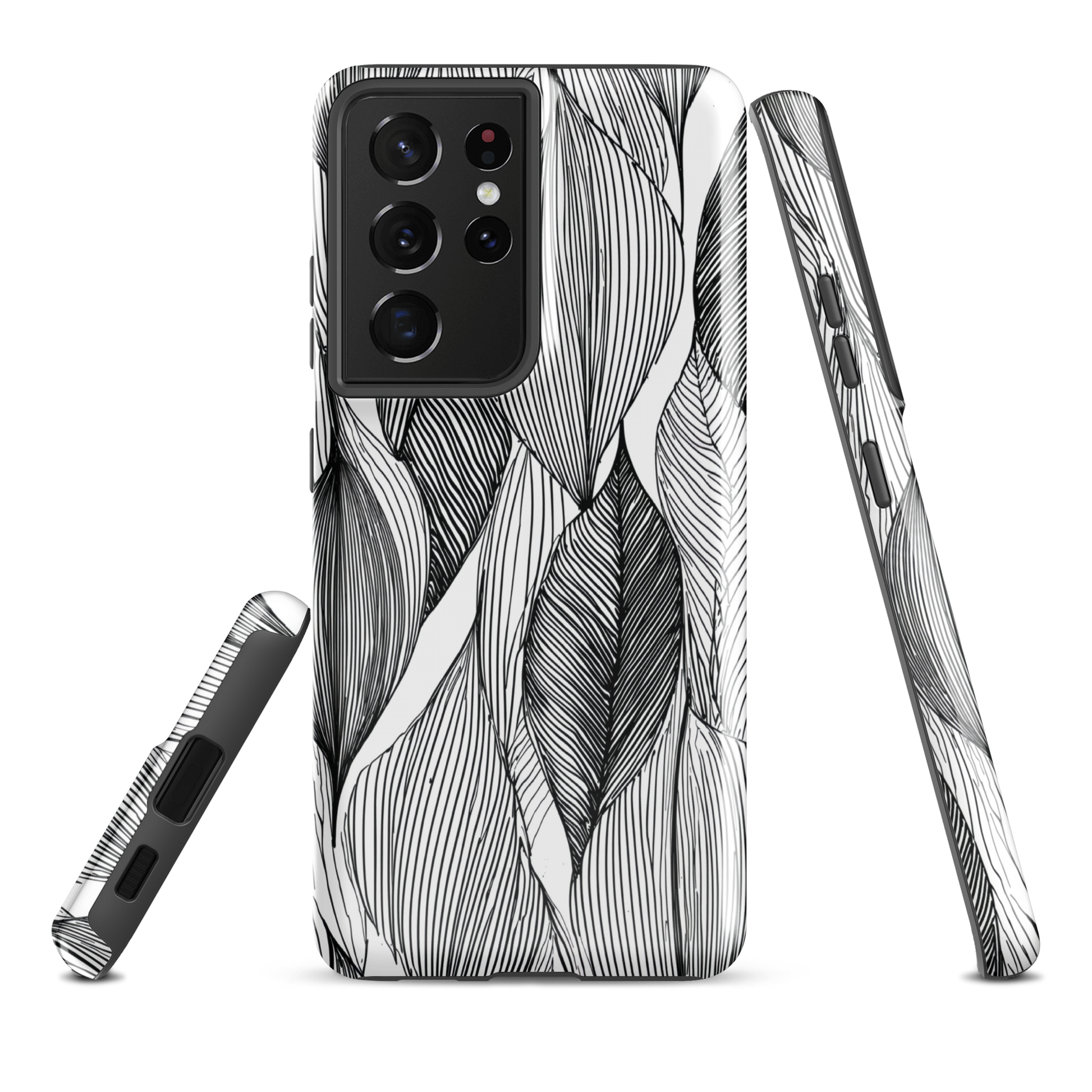 A minimalist phone case featuring fine black botanical linework in a repeating leaf pattern.