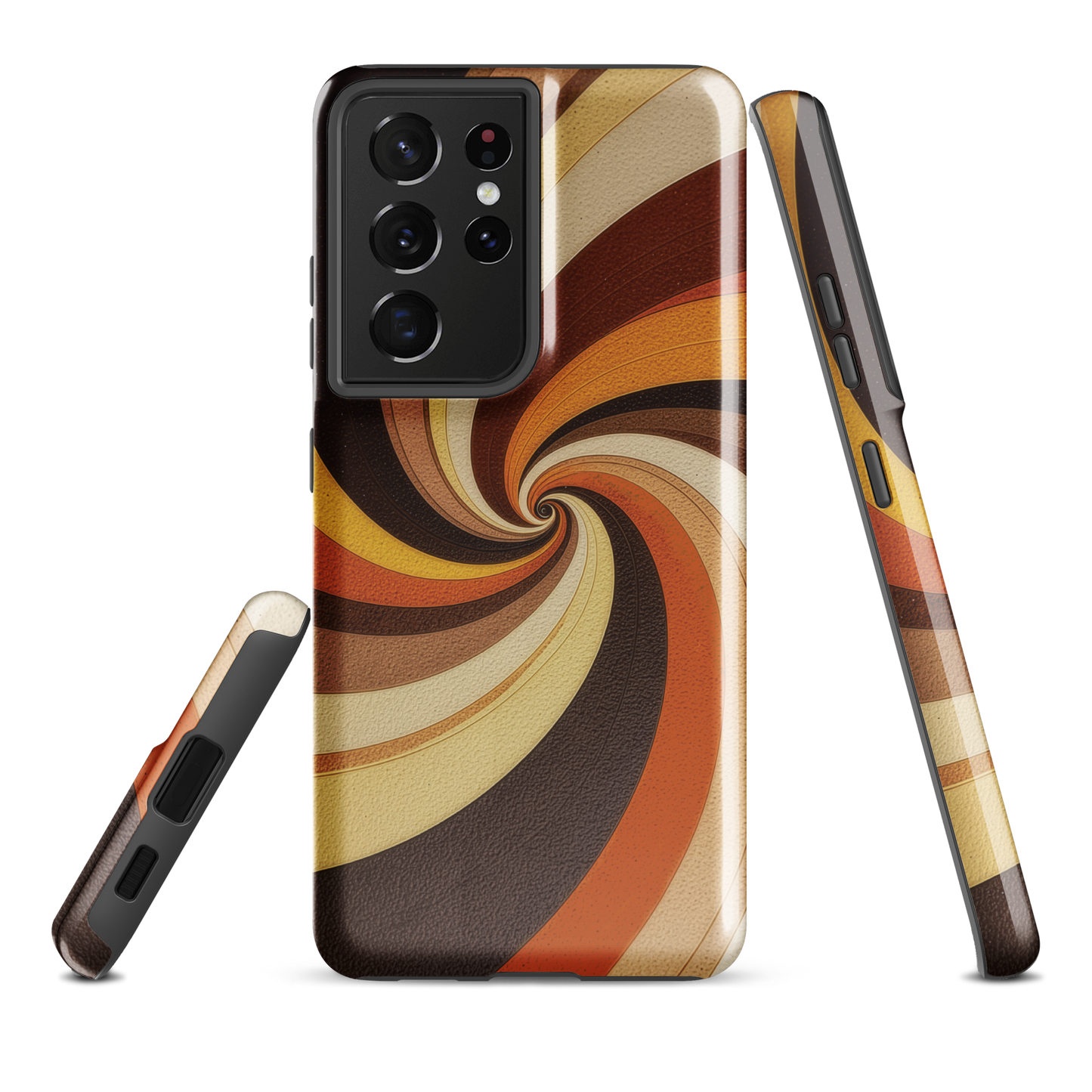 A retro-inspired phone case featuring warm swirling patterns in orange, yellow, and brown tones.