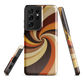 A retro-inspired phone case featuring warm swirling patterns in orange, yellow, and brown tones.
