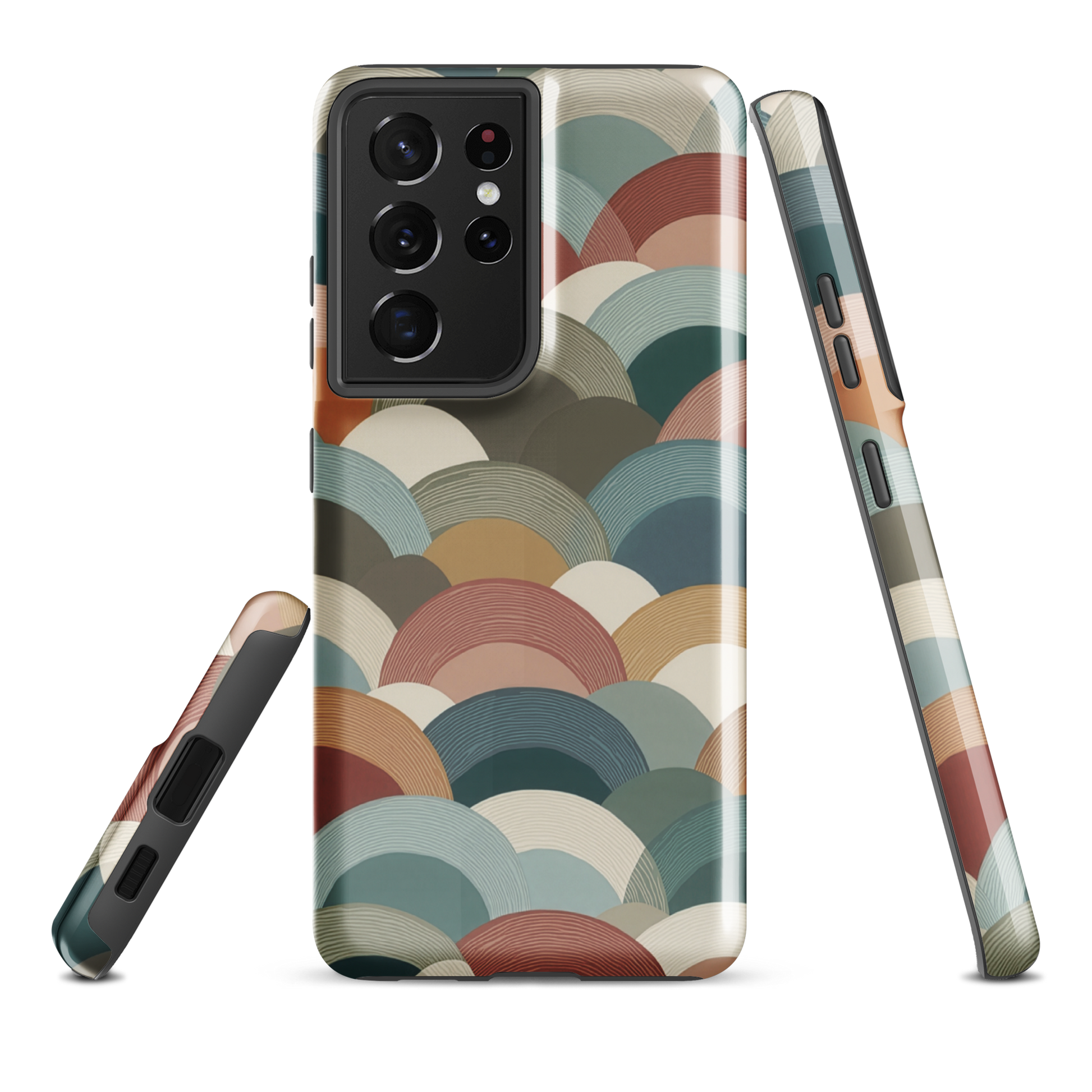 A soft retro-inspired phone case featuring layered arc shapes in warm, earthy tones.