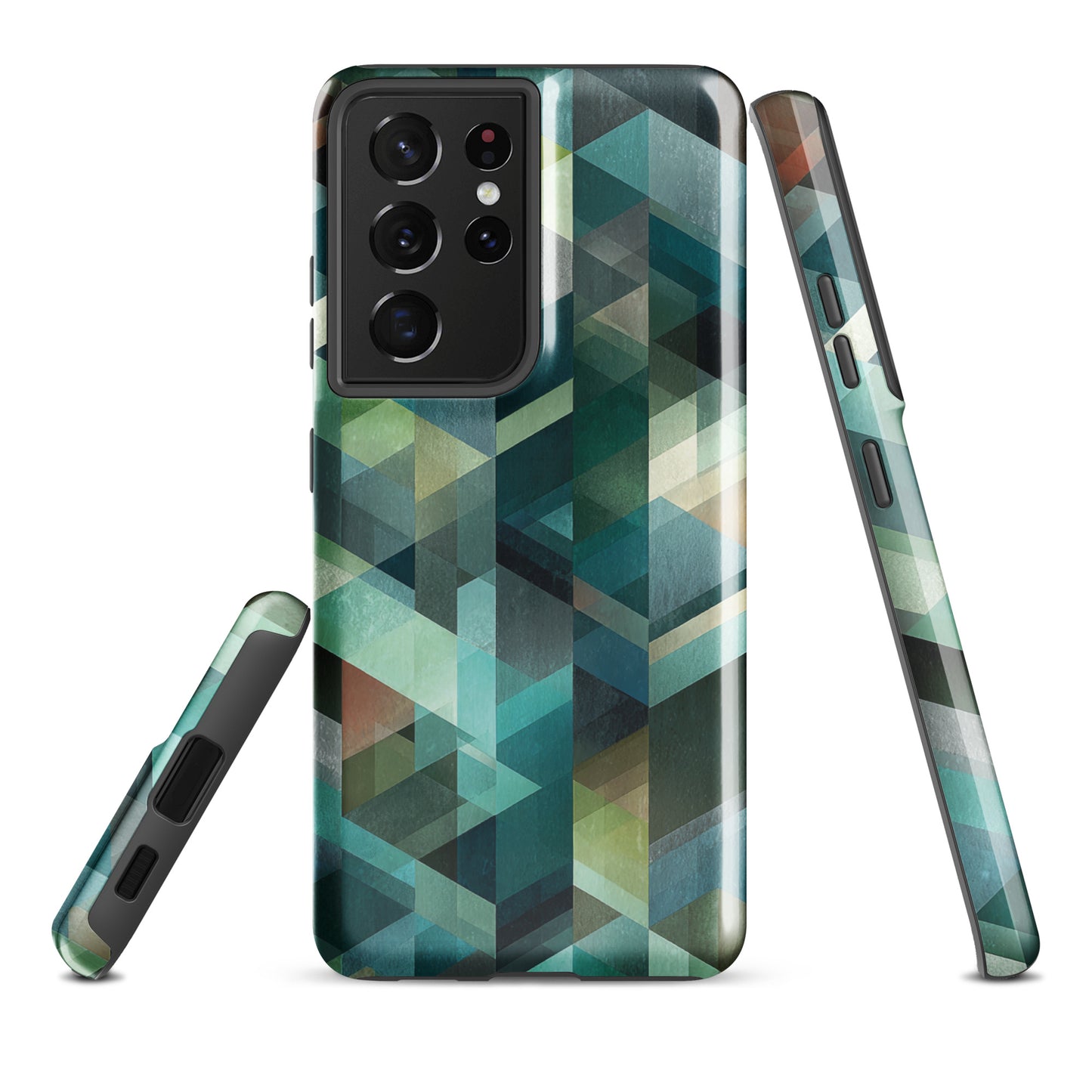 Modern abstract geometric phone case in teal and blue tones with layered retro-inspired shapes.