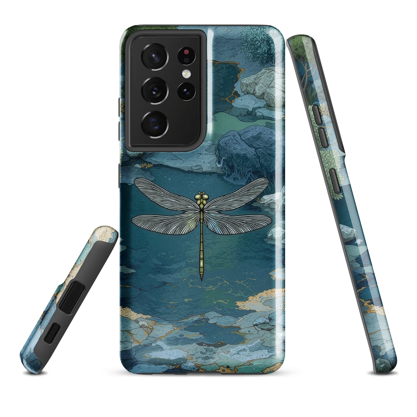 Nature-inspired phone case featuring a dragonfly over calm water with blue and green forest tones.