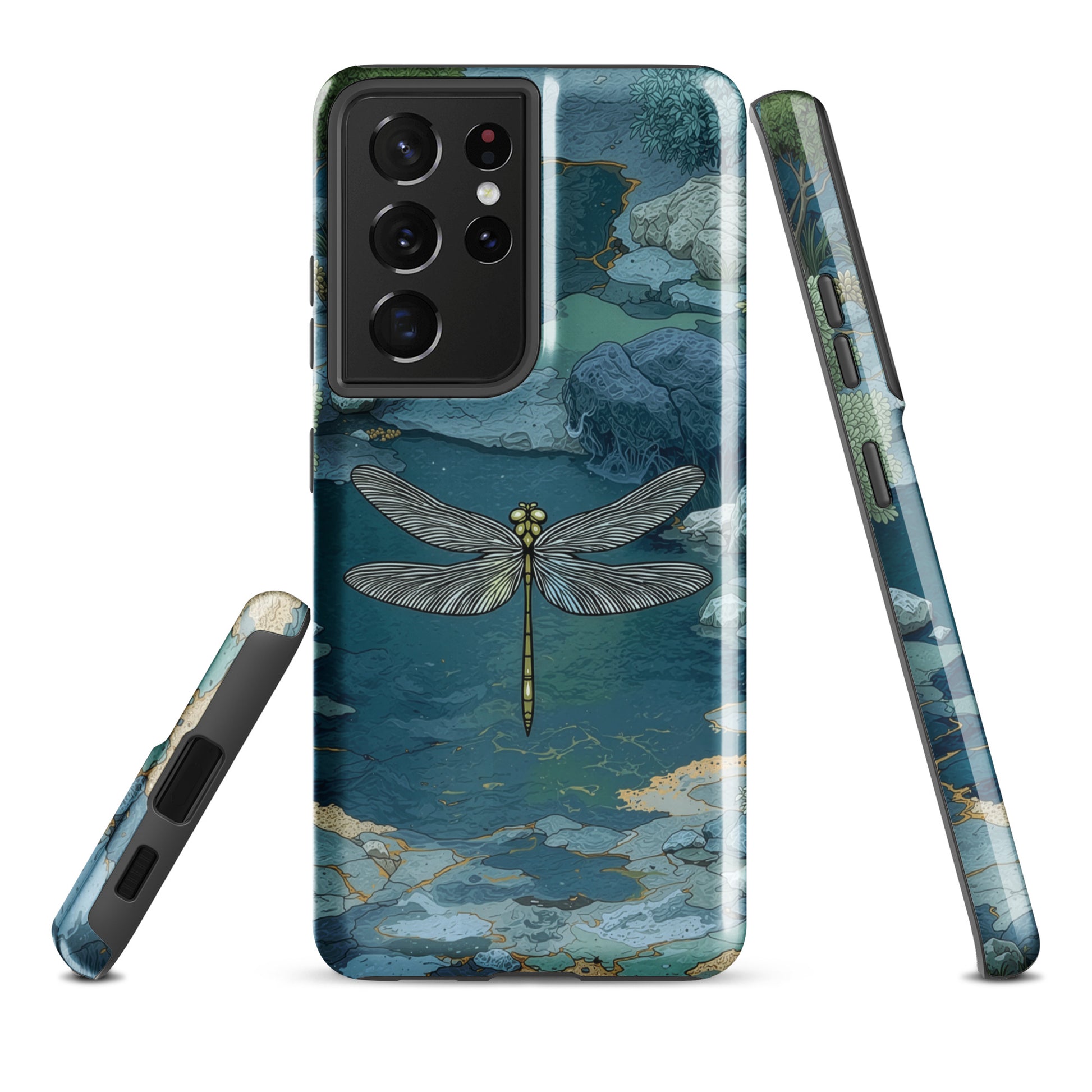 Nature-inspired phone case featuring a dragonfly over calm water with blue and green forest tones.