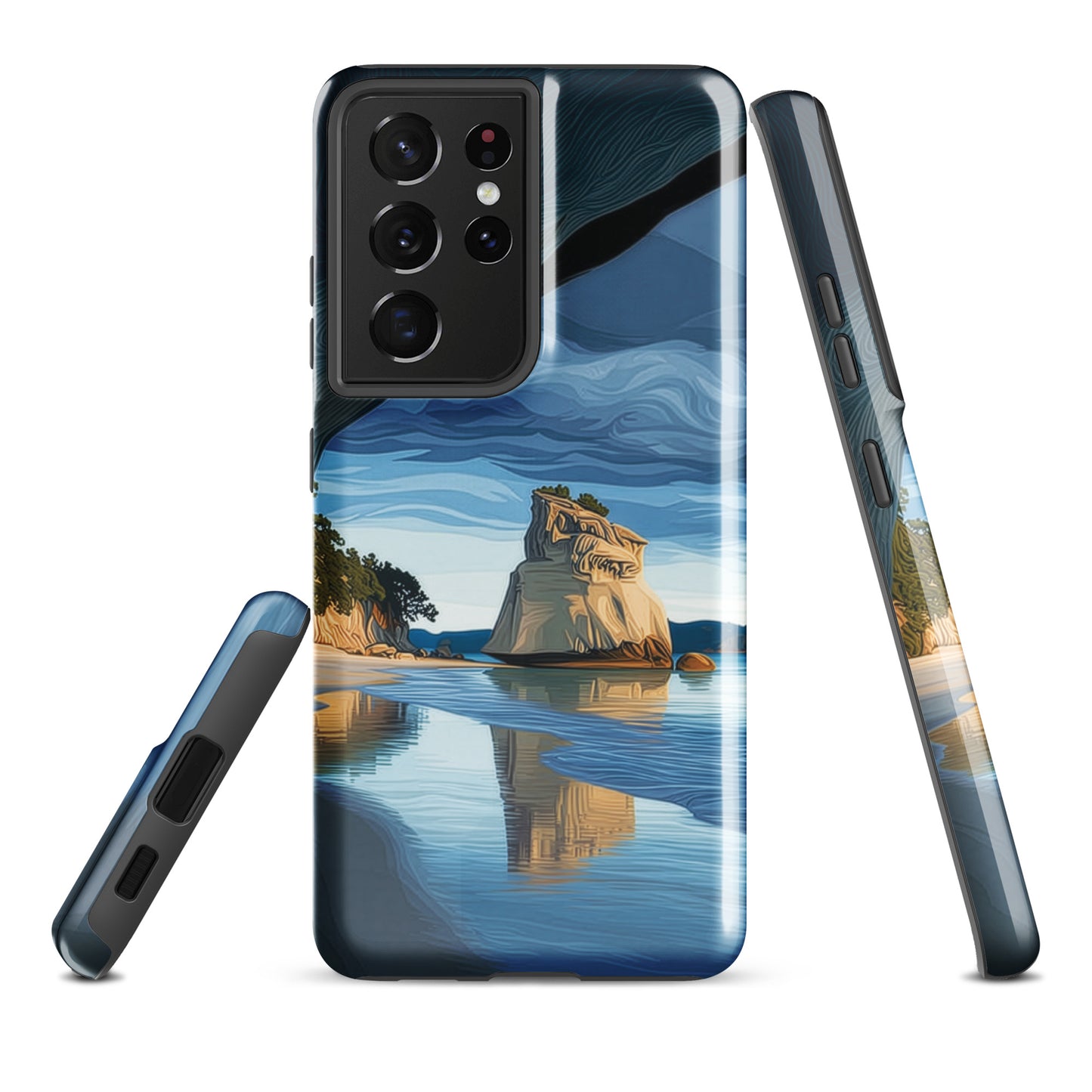 Artistic Cathedral Cove coastal designer phone case with arch rock, blue ocean and golden cliffs