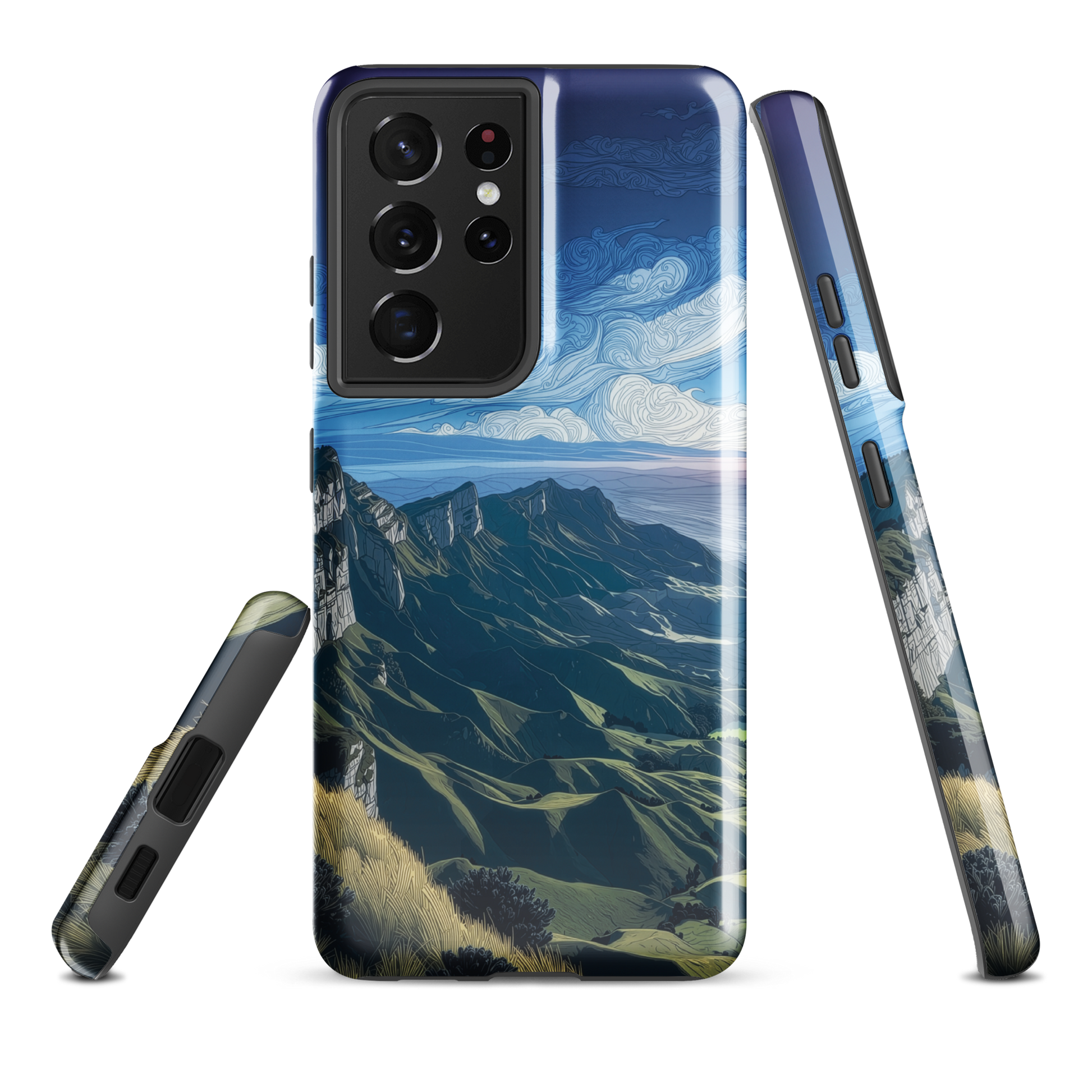 Te Mata Peak designer phone case with Hawke’s Bay cliffs, rolling green hills and dramatic swirling sky