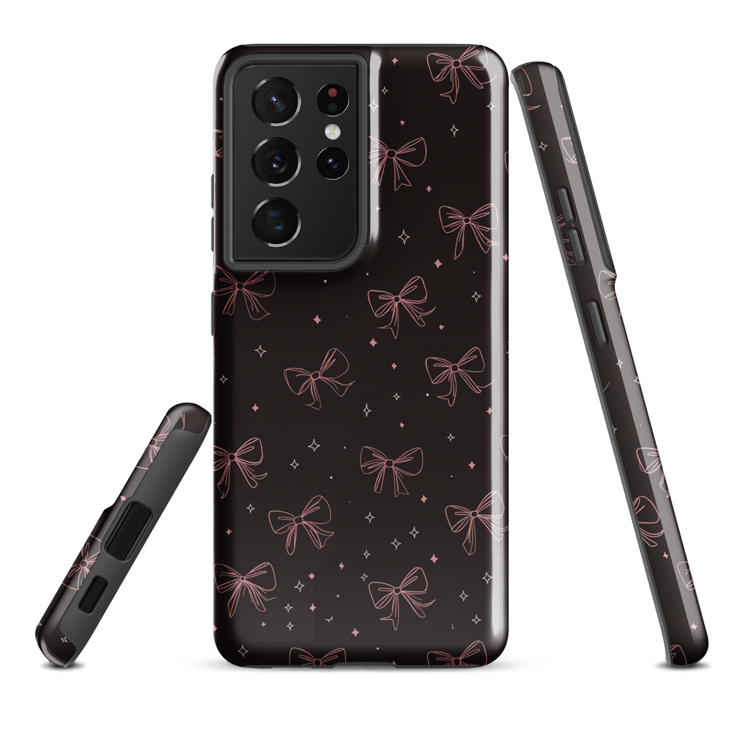 Midnight Bow seamless repeat pattern — pink hand-drawn ribbon bows and sparkle stars on a black background