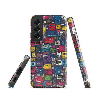 'Arcade' Samsung case, featuring a vibrant collage of hand-drawn controllers in bold, vintage-inspired colours. From electric blue and hot pink to classic black and yellow