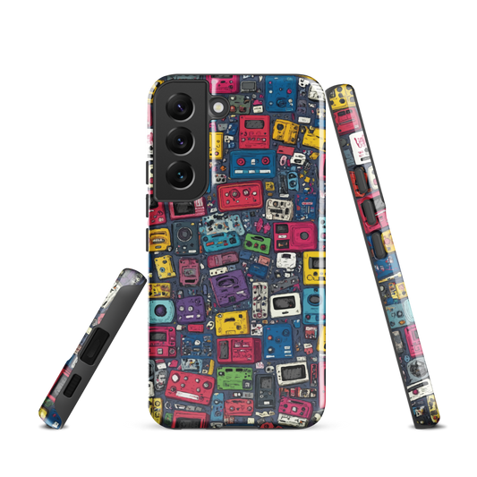 'Arcade' Samsung case, featuring a vibrant collage of hand-drawn controllers in bold, vintage-inspired colours. From electric blue and hot pink to classic black and yellow