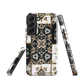 Moroccan tile pattern phone case in black, white, and gold tones with vintage-inspired design.