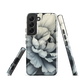 Black and white floral phone case featuring a soft, moody peony design by New Zealand artist Ben Hart.