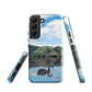 Phone case with a black swan on a calm lake, New Zealand hills in the background. Art by NZ designer Ben Hart.