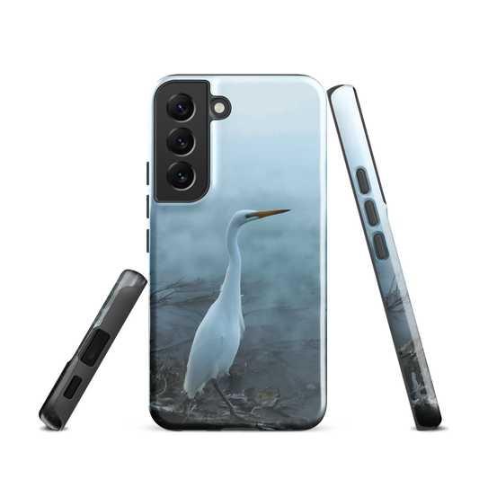 'White Heron in the mist' Samsung Galaxy S22 tough phone case - protective glossy case NZ Australia