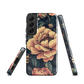 Phone case with vintage-style pink roses and bees on dark background, floral New Zealand artwork.