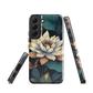 Phone case with ivory water lily, green leaves, and butterfly accents on dark background