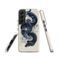 Phone case with black python and smoke design on cream background, serpent art by NZ artist Ben Hart.