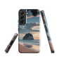 Phone case with Cathedral Cove beach and sunset scene, featuring soft skies and sea stack, by NZ artist Ben Hart.