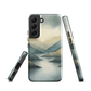 Phone case with soft mountain and valley design in misty green, blue, and golden tones
