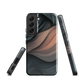 Phone case with flowing abstract design in black, copper and charcoal tones, inspired by dusk shadows