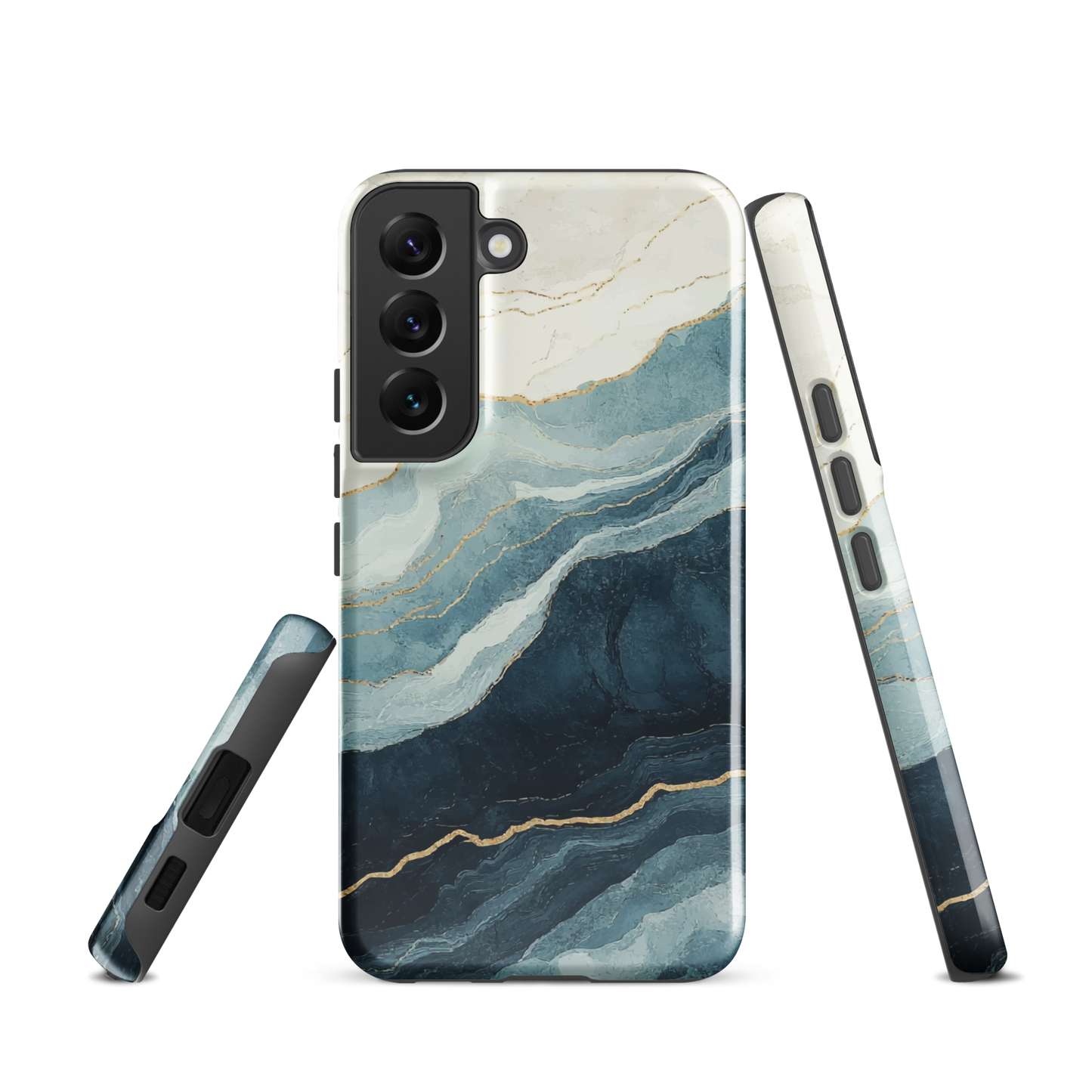 An elegant abstract phone case inspired by layered coastal forms in blue and teal tones.