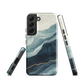 An elegant abstract phone case inspired by layered coastal forms in blue and teal tones.