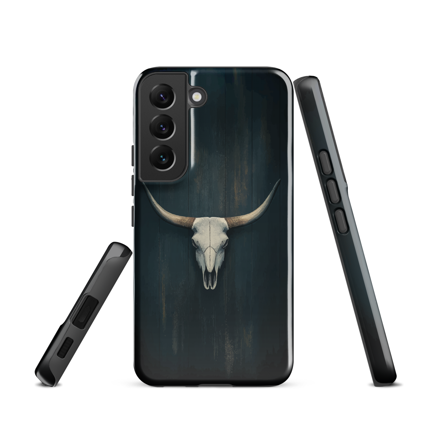 Longhorn skull set against a dark, textured backdrop - protective phone case.