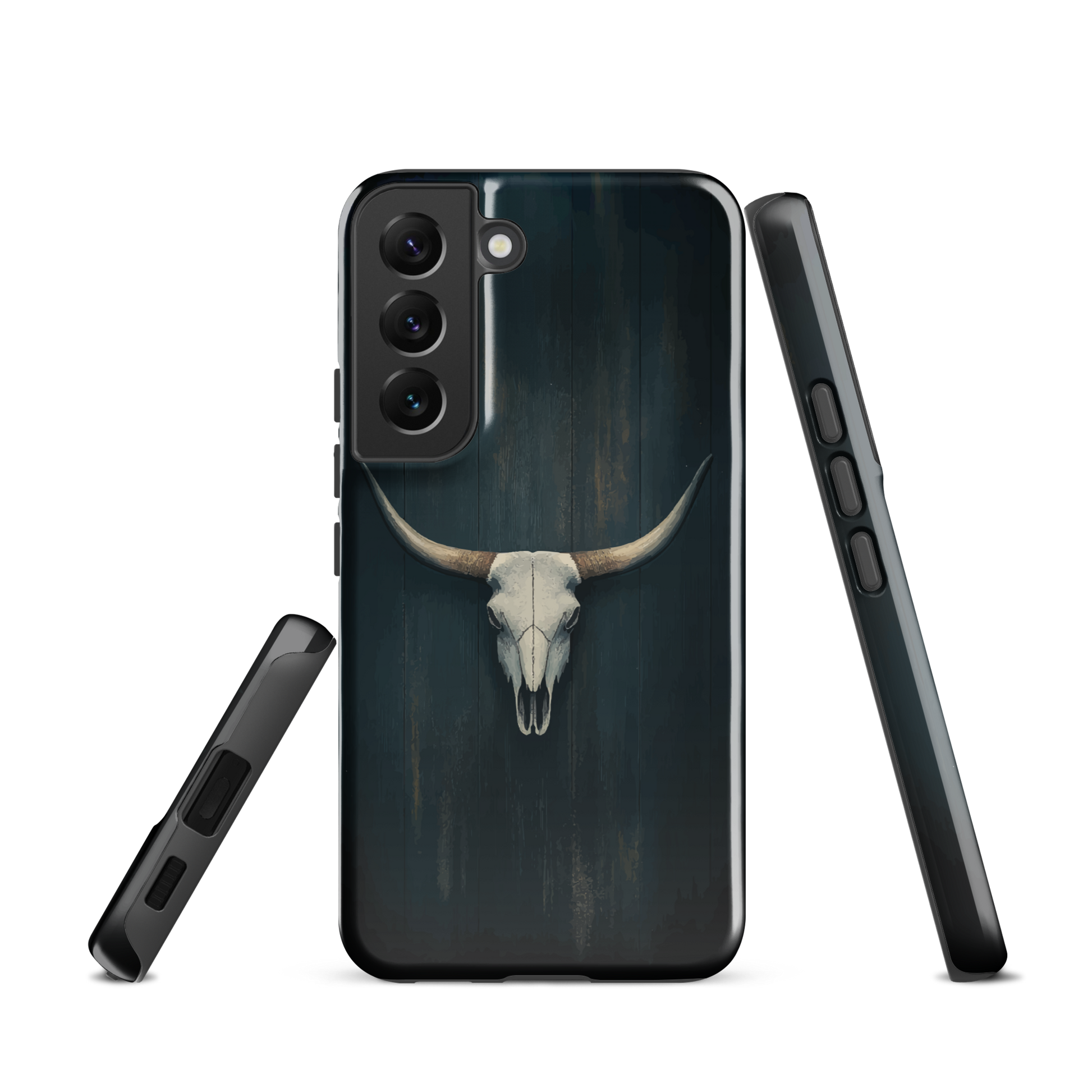 Longhorn skull set against a dark, textured backdrop - protective phone case.