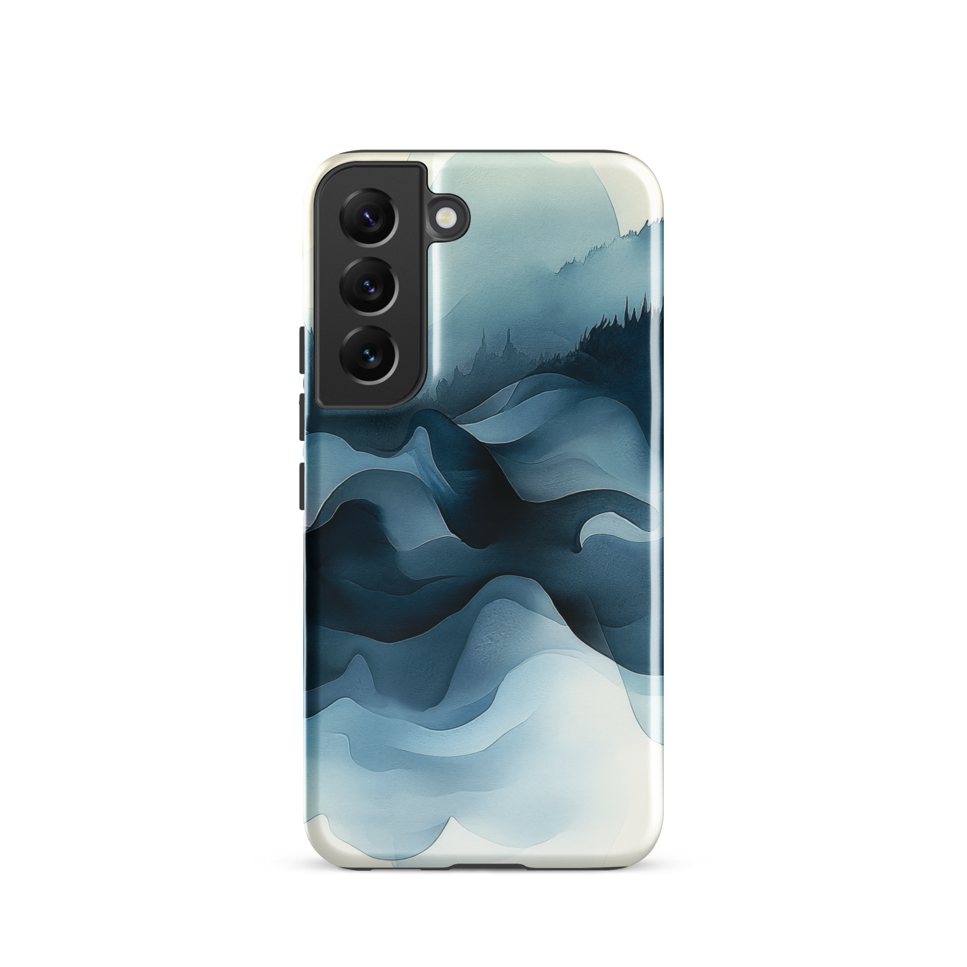 A calming abstract landscape phone case inspired by quiet valleys and soft blue tones.