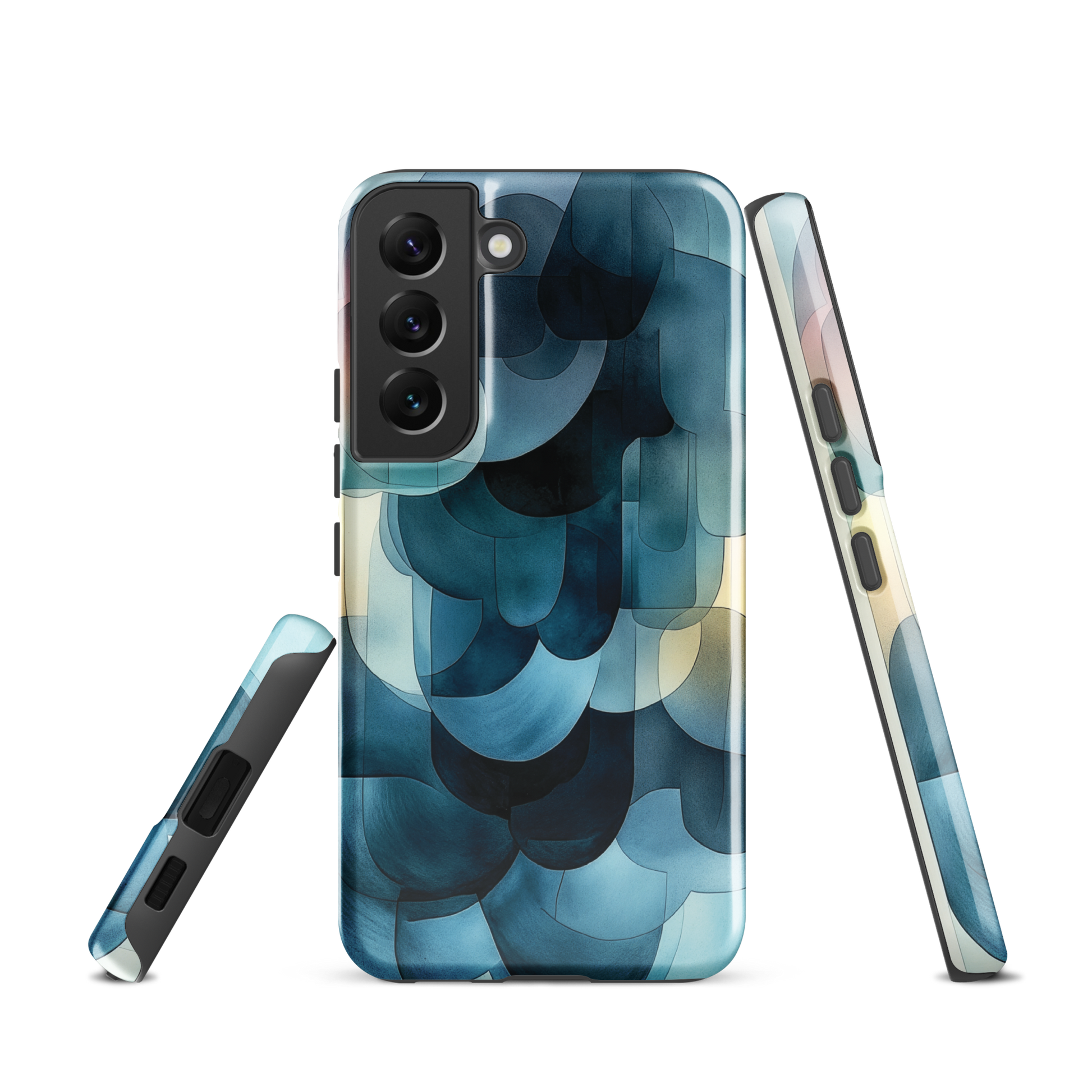 A modern abstract phone case featuring layered blue forms and soft flowing shapes.