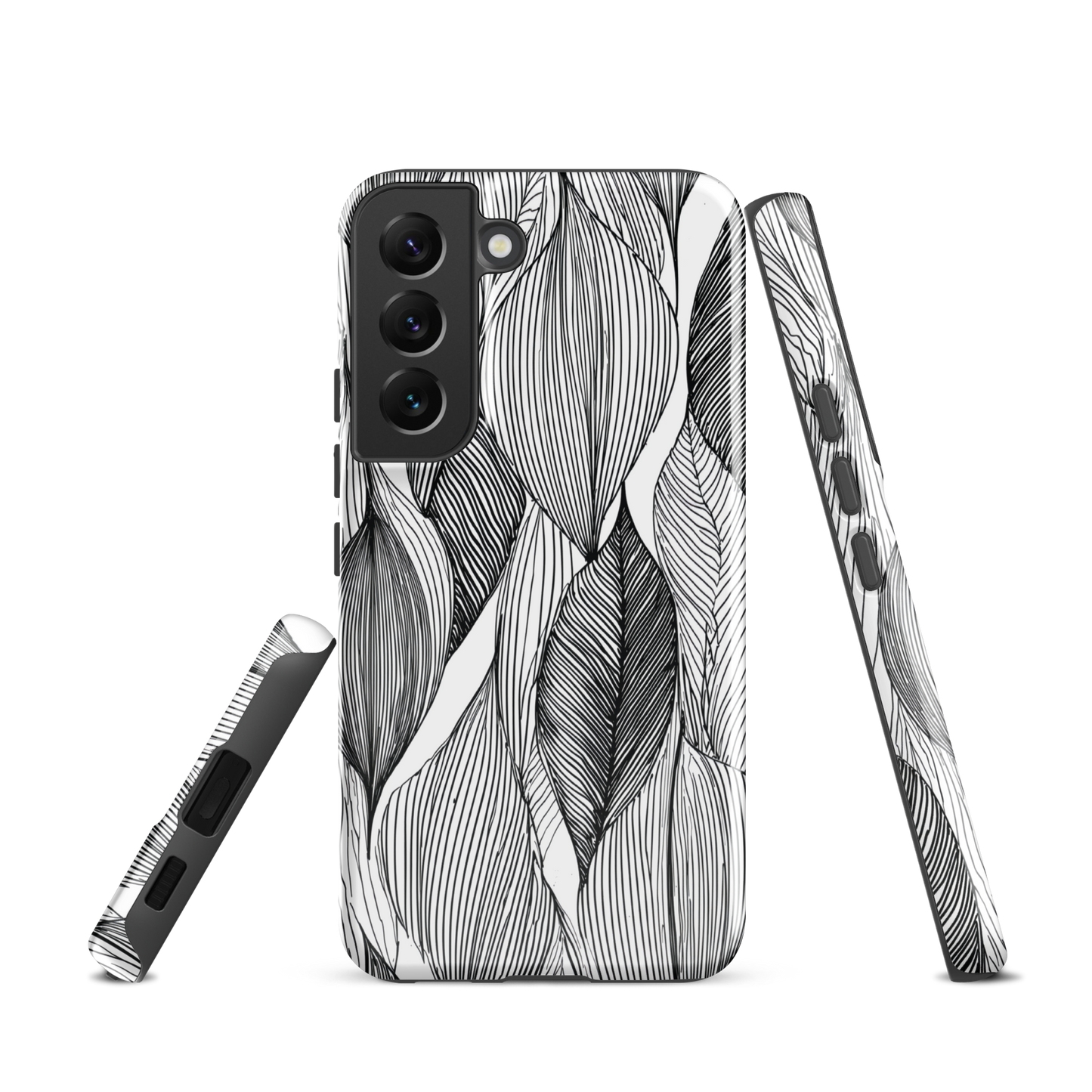 A minimalist phone case featuring fine black botanical linework in a repeating leaf pattern.