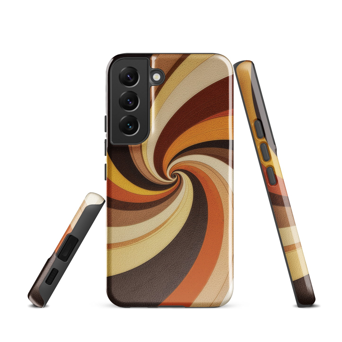 A retro-inspired phone case featuring warm swirling patterns in orange, yellow, and brown tones.