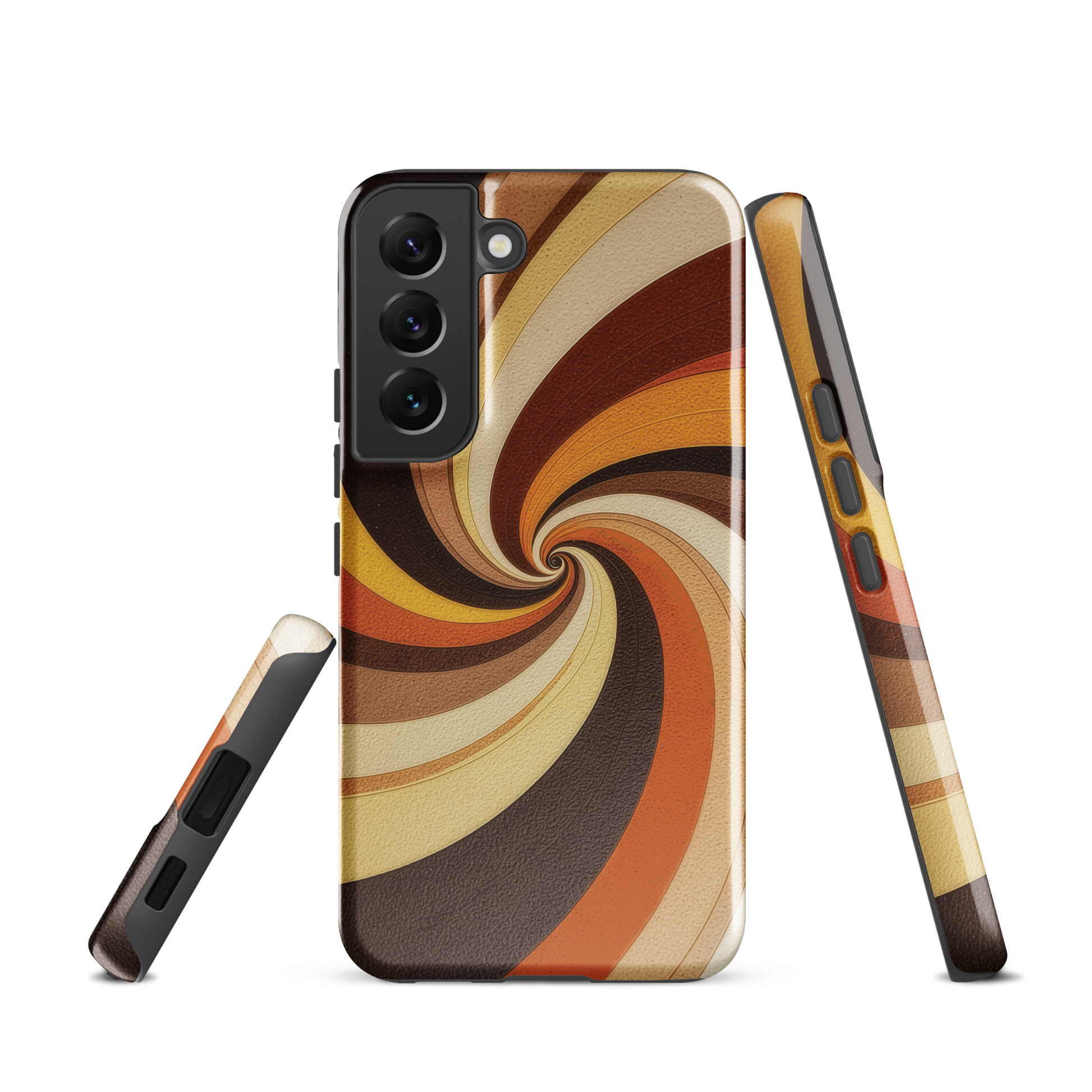 A retro-inspired phone case featuring warm swirling patterns in orange, yellow, and brown tones.