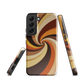 A retro-inspired phone case featuring warm swirling patterns in orange, yellow, and brown tones.