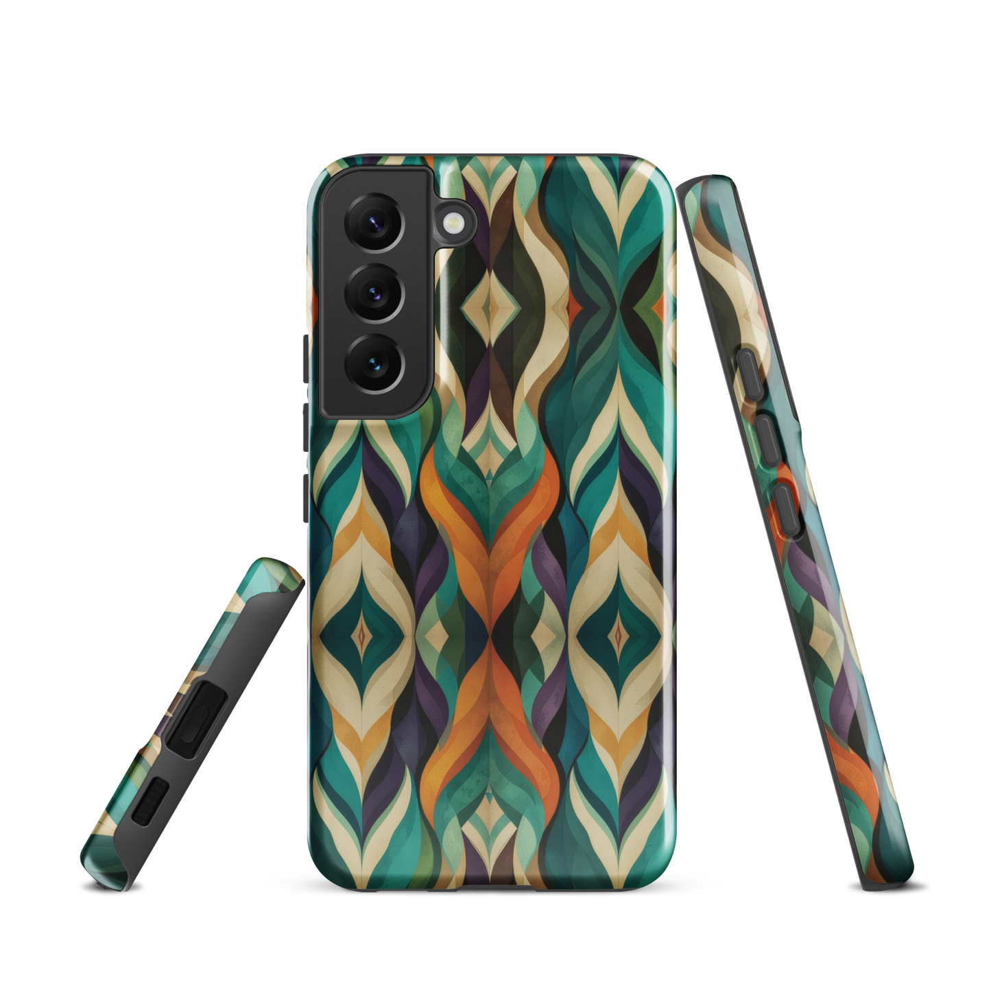A bold geometric phone case featuring layered shapes in rich, earthy tones.